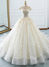 Champagne Ball Gown Off The Shoulder Tulle Sequins Wedding Dress